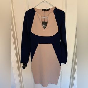 Women’s long sleeve Color-block (camel/navy) midi dress, EUR 40/US 8